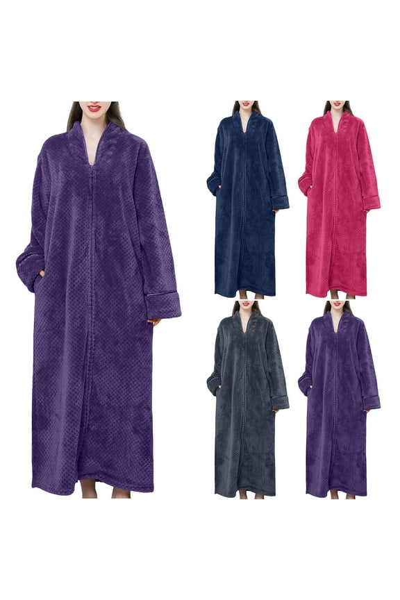 Womens Fluffy Robes Winter Warm Plush Robe, Zip up Long Fleece Bath Robes Female, Zipper Bathrobes with Pockets Gray M