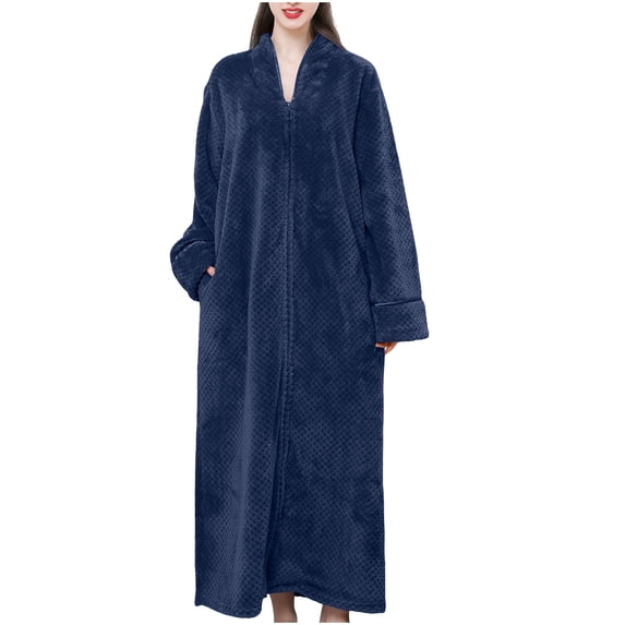 SMihono Womens Fluffy Robes Winter Warm Plush Robe, Zip up Long Fleece Bath Robes Female, Zipper Bathrobes with Pockets Navy L