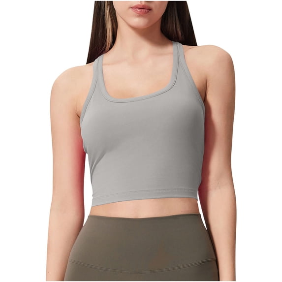 SMihono Womens High Impact Sports Yoga Bra for Women Seamless Cami Longline Bra - Round Neck Workout Racerback Tank Top Gray 10