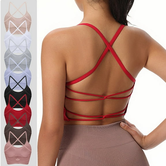 SMihono Womens High-Support Yoga Bra with Removable Pads Large Bust,Seamless Crossback Longline Sports Bra Workout Tops Beige XL