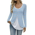 thumbnail image 1 of SMihono Womens Long Sleeve Shirts Striped Crew Neck Casual Spring Fashion Tops Lightweight Fake Two Pieces Outfits Tees Clothes Light Blue XL, 1 of 6