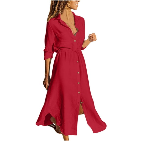 SMihono Womens Loose Casual Tunic Summer Fall Fashion Vacation Beach 3/4 Short Sleeve Hide Belly Wedding Solid Prom Party Dress Deep V Neck Boho Dresses Irregular Hem Holiday Red 4