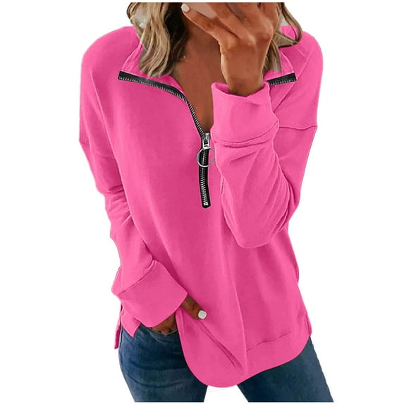 SMihono Womens Oversized Hoodless Sweatshirts Deals Outfits Soft Vintage Solid Shirts Lantern Long Sleeve Pullover Tops Comfy Loose Casual Blouse Fall Fashion Zip Up Lapel Neck Sweaters Hot Pink 4
