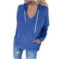 thumbnail image 1 of SMihono Womens Plus Size Drawstring Hoodie Sweatshirts V-Neck Tops Sports Workout Comfy Loose Blouse Workout Raglan Sleeve Long Sleeve Pullover Classic Vintage Solid Tees Fashion Warm Blue 14, 1 of 5