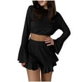 thumbnail image 1 of SMihono Womens Ribbed Knit Pajama Sets Flare Long Sleeve Cropped Top and Ruffle Hem Shorts Lounge Set Casual Loungewear Black L, 1 of 6