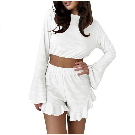 SMihono Womens Ribbed Knit Pajama Sets Flare Long Sleeve Cropped Top and Ruffle Hem Shorts Lounge Set Casual Loungewear White L