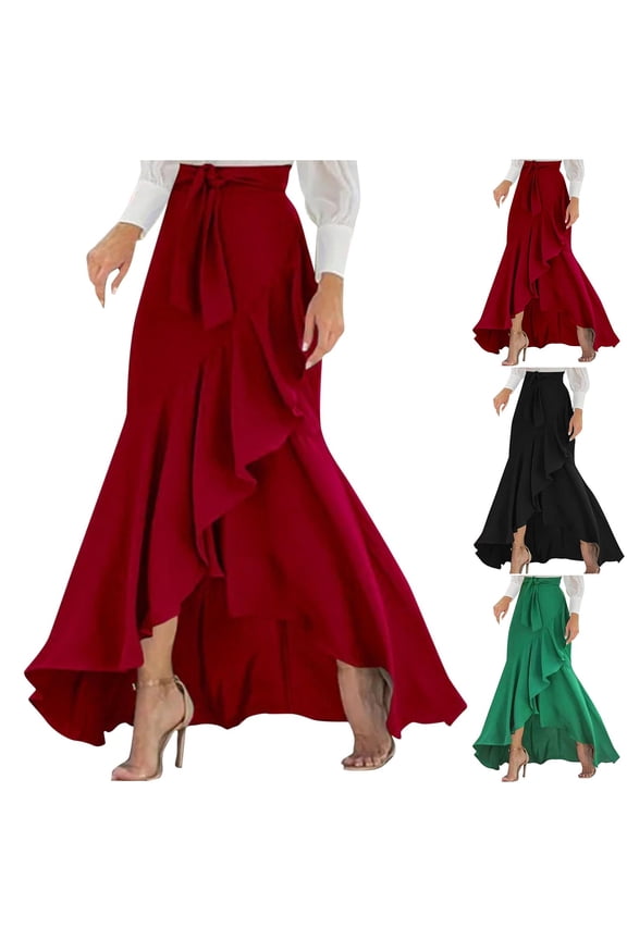 Womens Ruffle Wrap Maxi Skirt Flare High Waist Asymmetrical Hem Elegant Beach with Slit Flowy Pleated Midi Skirt Black 8