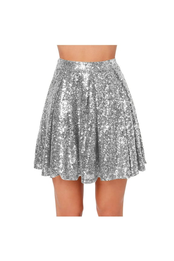 Womens Sequin Skirts Cocktail Party Sparkly Skirt Fashion Pleated Mini Skirts Glitter Skirt Holiday Costume Silver 8