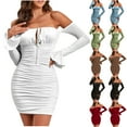 thumbnail image 1 of SMihono Womens Sexy Off Shoulder Bodycon Mini Dress Long Sleeve Halter Ruched Hip Wrap Party Club Short Dresses Black S, 1 of 9