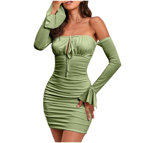 SMihono Womens Sexy Off Shoulder Bodycon Mini Dress Long Sleeve Halter Ruched Hip Wrap Party Club Short Dresses Green S