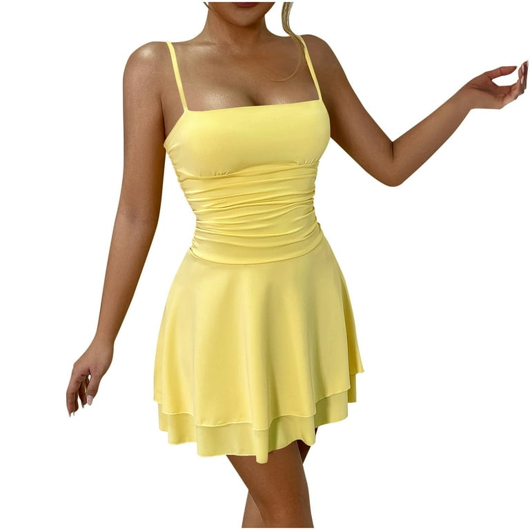 SMihono Womens Short Club Party Dress Sexy Strap Backless Mini Dress  Elastic Ruched Waist Ruffle Hem Solid Tube Dresses Yellow S - Walmart.com