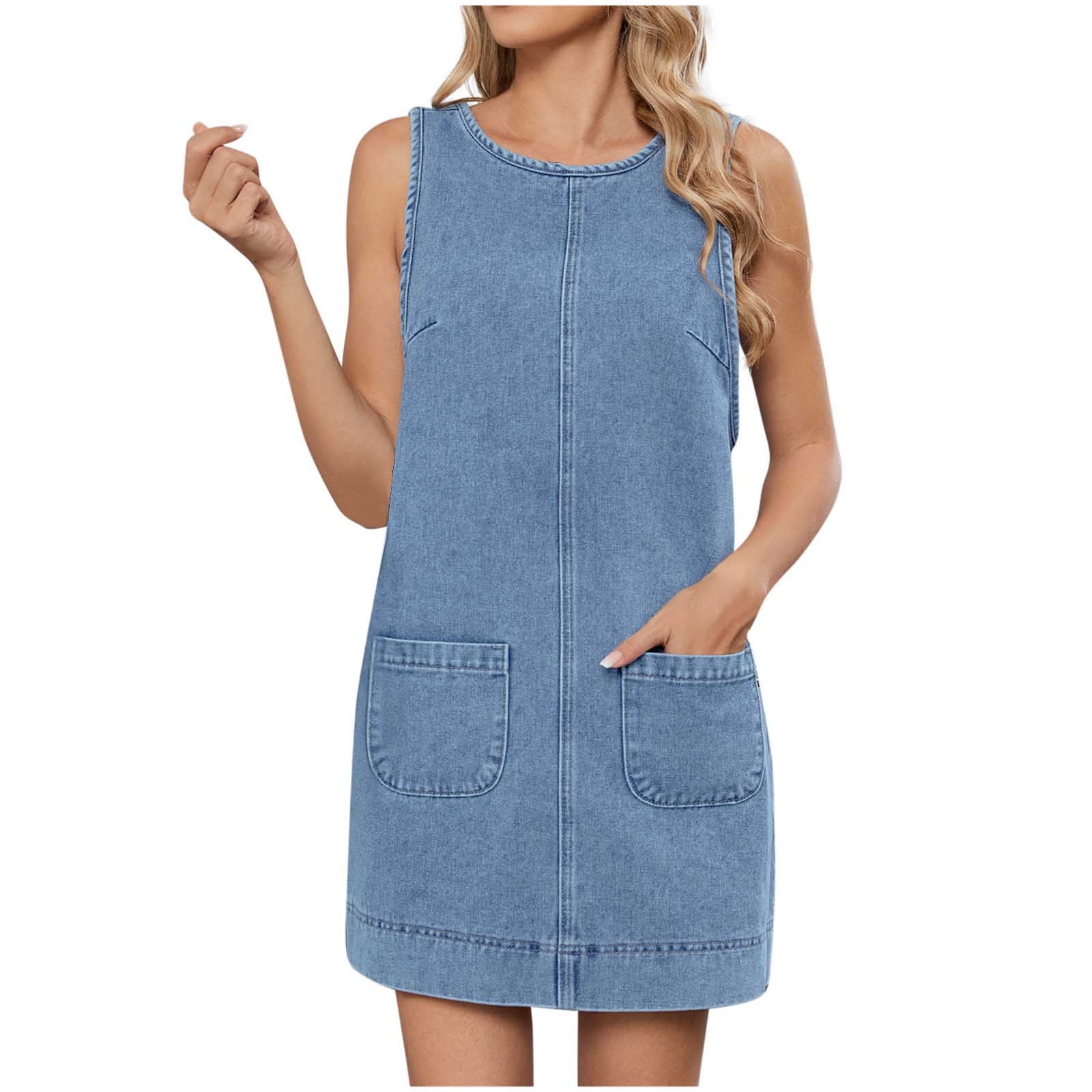 SMihono Womens Sleeveless Denim Dress Casual Summer Crewneck