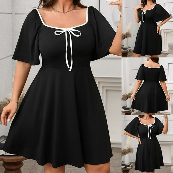 SMihono Womens Square Neck Bow Flutter Sleeves Vintage Cocktail Dress Plus Size Summer Fashion Loose Lace Up Midi Dresses Black XL