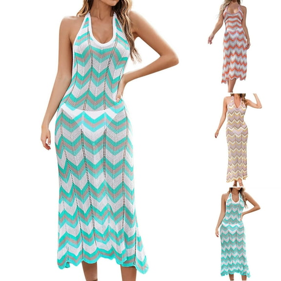 SMihono Womens Striped Color Block Swimsuit Coverup Summer Sleeveless Bathing Suit Dress Crochet Beach Outfits Knit Swimwear Green XL