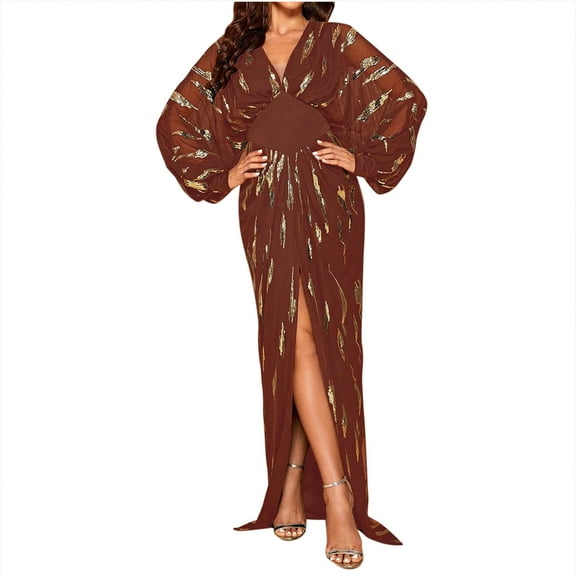 SMihono Womens Stylsih Evening Party Dresses Long Sleeve V Neck Mermaid Ball Gowns Cocktail Dresses Prom Maxi Dress Formal Dress Brown 4