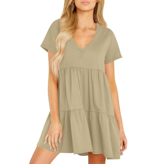 SMihono Womens Summer Casual Dresses 2025 Short Sleeve V-Neck Tshirt Dress Flowy Babydoll Dress Swing Shift Loose Mini Tunic Dress Khaki L
