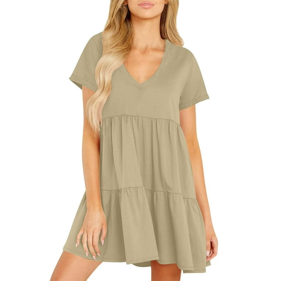 SMihono Womens Summer Casual Dresses 2025 Short Sleeve V-Neck Tshirt Dress Flowy Babydoll Dress Swing Shift Loose Mini Tunic Dress Khaki M