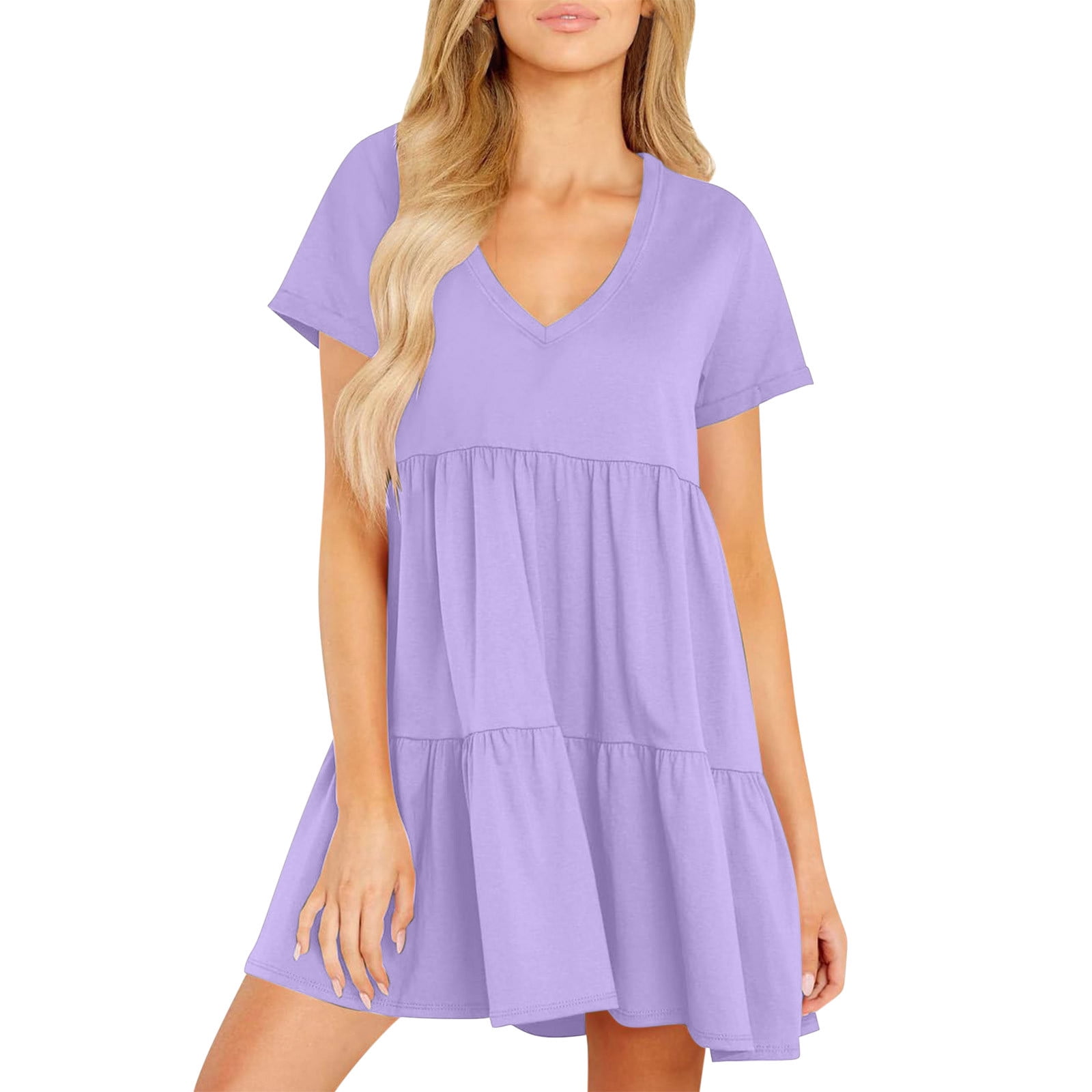 Okiwam Women's Summer Mini Dress 2025 - Casual V-Neck Short Sleeve T-Shirt Dress With Pockets