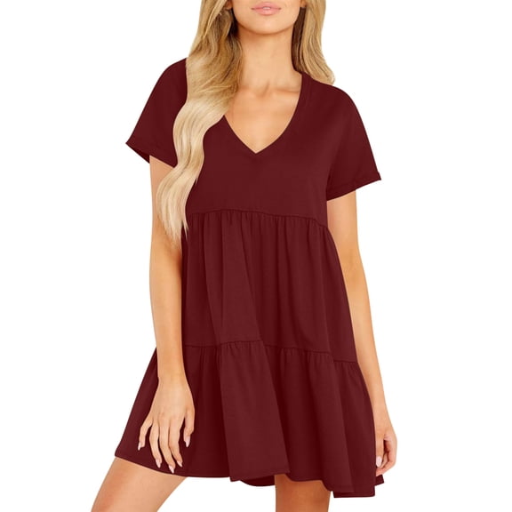 SMihono Womens Summer Casual Dresses 2025 Short Sleeve V-Neck Tshirt Dress Flowy Babydoll Dress Swing Shift Loose Mini Tunic Dress Wine XL