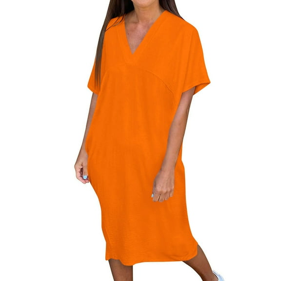 SMihono Womens Summer Dress Oversized High Waist Short Sleeve Short Dress Classic Casual Vacation Dress Basic Boutique Dress Orange S