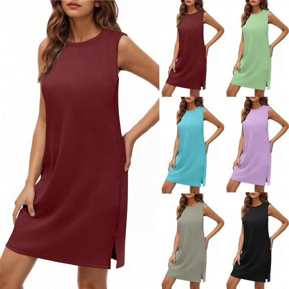 SMihono Womens Summer Mini Dress Casual Loose Sleeveless Crewneck Solid Slit Basic T Shirt Dresses with Pockets Blue XXL