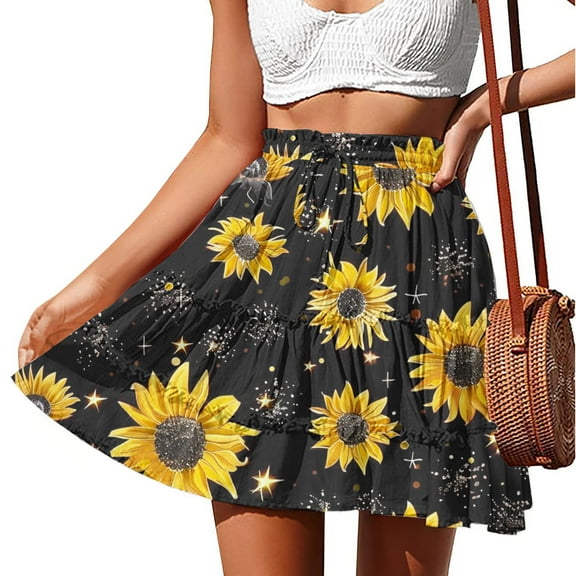 SMihono Womens Summer Short Skirts Drawstring Elastic Waist Boho Floral Printed A-Line Mini Beach Vacation Skirt Black 12