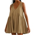 thumbnail image 1 of SMihono Womens Summer Sleeveless Mini Dress Casual Loose V Neck Sundress Swing Flowy Beach Dress with Pocket Pleated Dresses Khaki M, 1 of 6