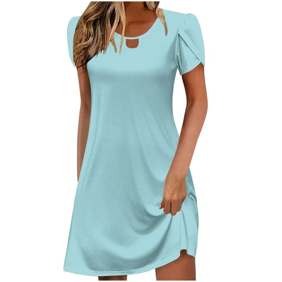 SMihono Womens Summer Tshirt Dresses Petal Short Sleeve Keyhole Mini Dress 2025 Trendy Casual Loose Vacation Beach Dresses Light Blue XL