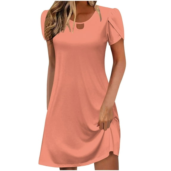 SMihono Womens Summer Tshirt Dresses Petal Short Sleeve Keyhole Mini Dress 2025 Trendy Casual Loose Vacation Beach Dresses Pink S