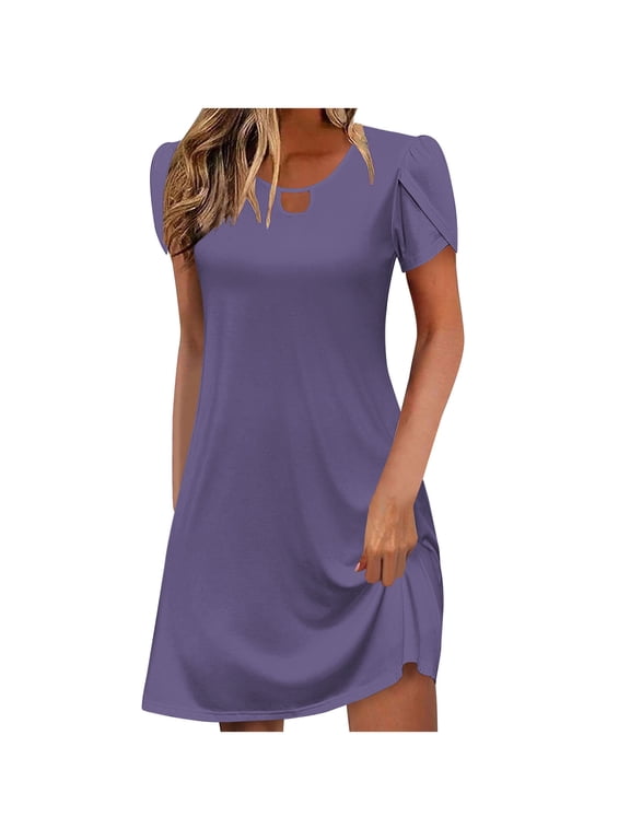 Womens Summer Tshirt Dresses Petal Short Sleeve Keyhole Mini Dress 2025 Trendy Casual Loose Vacation Beach Dresses Purple M