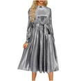 thumbnail image 1 of SMihono Womens Trendy Spring Dresses Casual Long Sleeve Maxi Dresses Crewneck Sparkling Ruched Dresses Elegant Belted Vacation Wedding Guest Dresses Silver XXL, 1 of 6