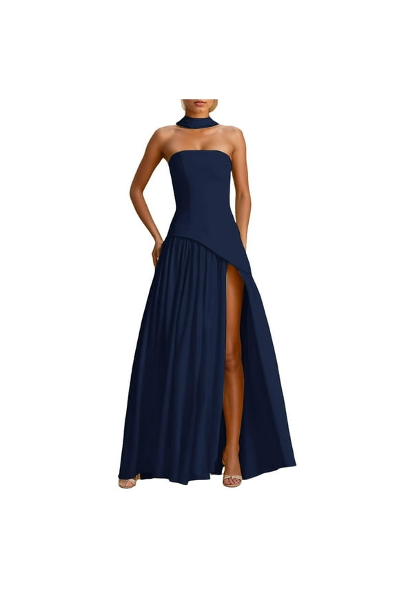 Womens Tube Dress Strapless Sexy Off Shoulder Side Slit Going Out Casual Elegant Club Party Maxi Dresses Dark Blue S