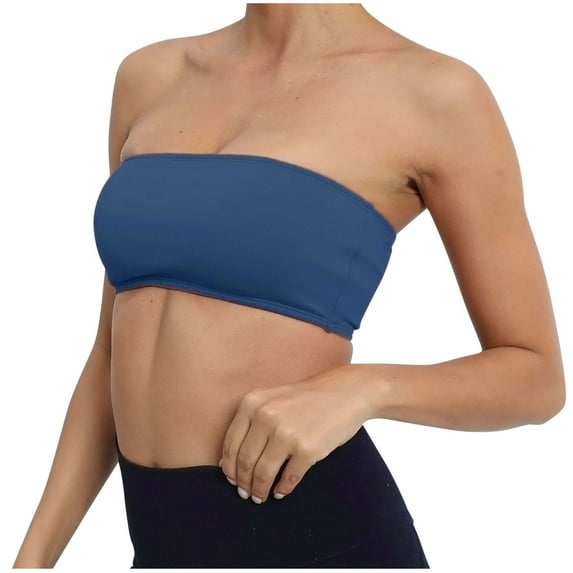 SMihono Womens Tube Top Bra Seamless Bandeau Bra Strapless Padded Solid Trendy Bralette Bra Teen Girls Stretchy Summer Bras (Blue M )