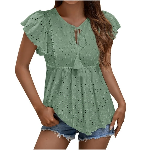 SMihono Womens Tunic Eyelet Tops Boho Babydoll Shirts Cutout Jacquard Solid Tees Ruffled Flutter Short Sleeve Drawstring Keyhole Neck Summer Tops Frenulum Blouses Loose Fit Flowy Shirts Green 4