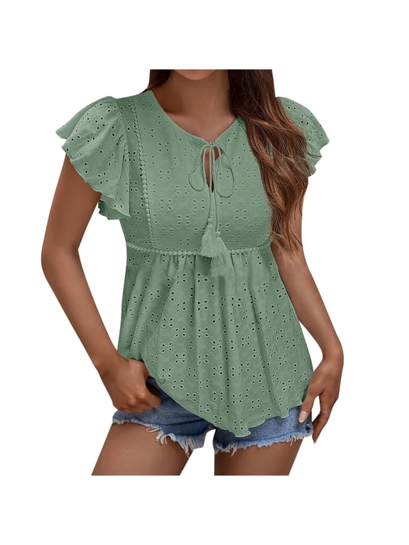 Womens Tunic Eyelet Tops Boho Babydoll Shirts Cutout Jacquard Solid Tees Ruffled Flutter Short Sleeve Drawstring Keyhole Neck Summer Tops Frenulum Blouses Loose Fit Flowy Shirts Green 10
