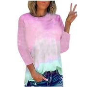 SMihono Womens Tunic Tops Thin Blouse Shirts Crew Neck Sweatshirts Comfy Loose Fit Breathable Dressy Outing Blouse Workout 3/4 Sleeve Tops Contrast Color Tie Dye Tees Trending Outfits Pink 4