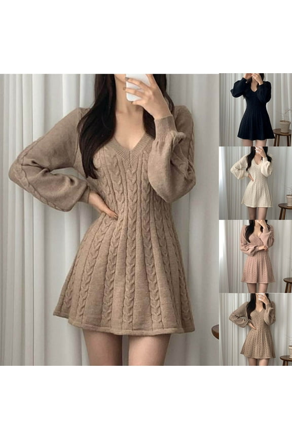 Womens V Neck Long Sleeve Sweater Dress Casual Loose Spring Latern Sleeve Knit Flowy Short Mini Skater Dresses White 4-14