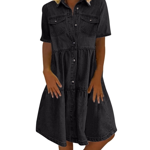 SMihono Womens Vintage Denim Dress Lapel Button Down Short Sleeve Casual Tiered Flowy Swing A Line Shirt Dress Black L
