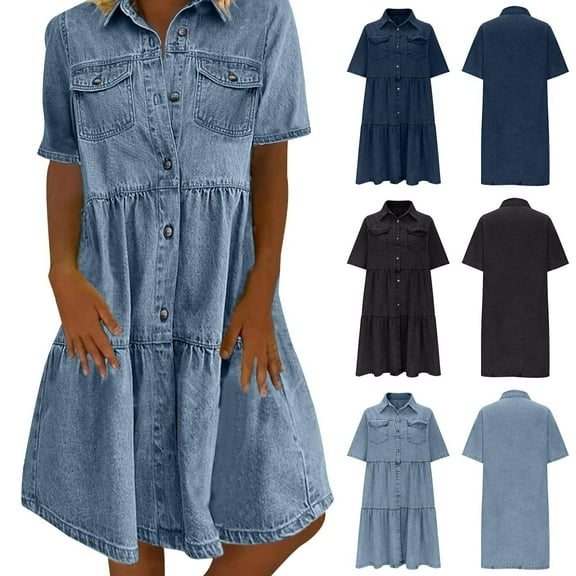 SMihono Womens Vintage Denim Dress Lapel Button Down Short Sleeve Casual Tiered Flowy Swing A Line Shirt Dress Dark Blue XL
