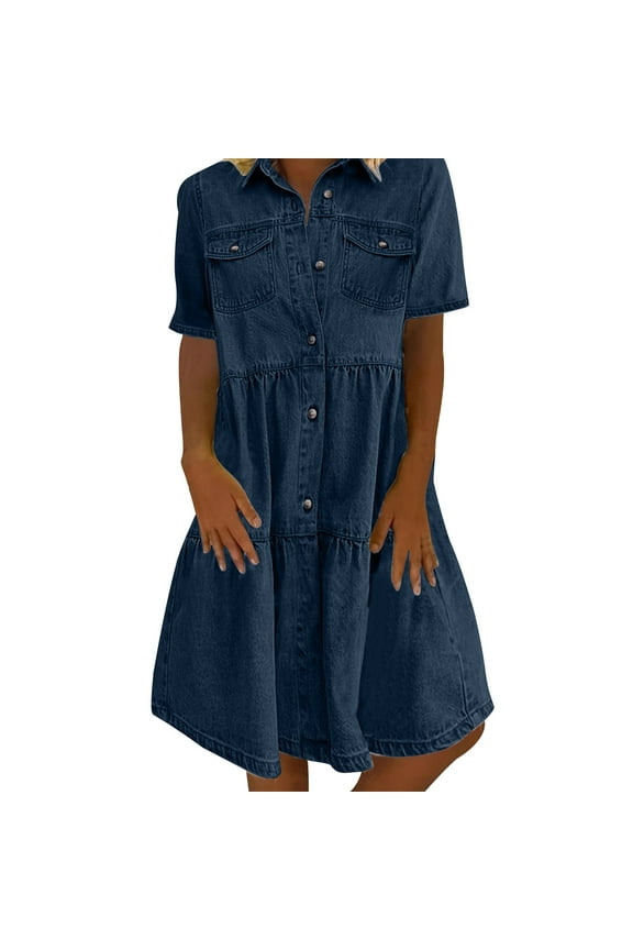 Womens Vintage Denim Dress Lapel Button Down Short Sleeve Casual Tiered Flowy Swing A Line Shirt Dress Dark Blue XXL