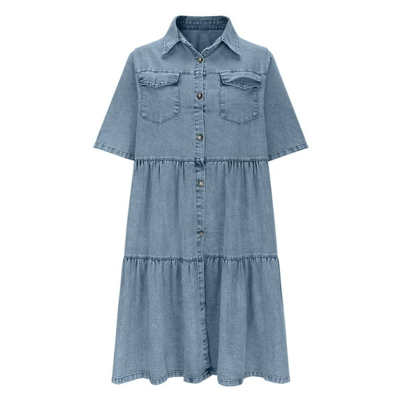 SMihono Womens Vintage Denim Dress Lapel Button Down Short Sleeve Casual Tiered Flowy Swing A Line Shirt Dress Light Blue S