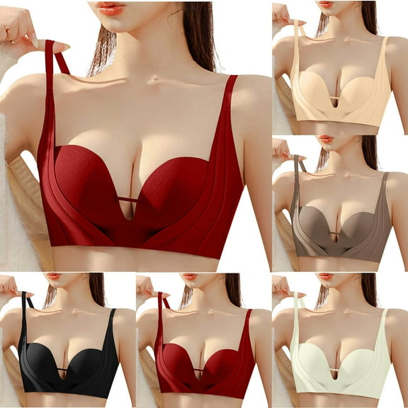 SMihono Womens Wireless Bra No Underwire Seamless Push Up Bra Comfort Full Coverage Padded Bralette Soft Vneck Everyday Bras Beige L US(8)