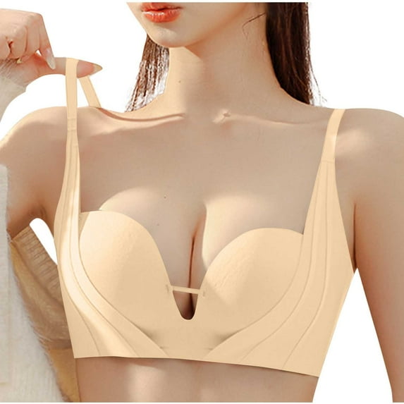 SMihono Womens Wireless Bra No Underwire Seamless Push Up Bra Comfort Full Coverage Padded Bralette Soft Vneck Everyday Bras Beige S US(4)