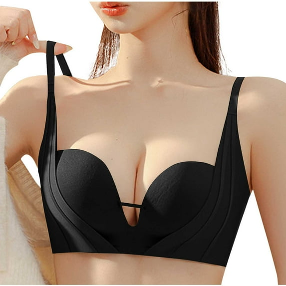 SMihono Womens Wireless Bra No Underwire Seamless Push Up Bra Comfort Full Coverage Padded Bralette Soft Vneck Everyday Bras Black L US(8)