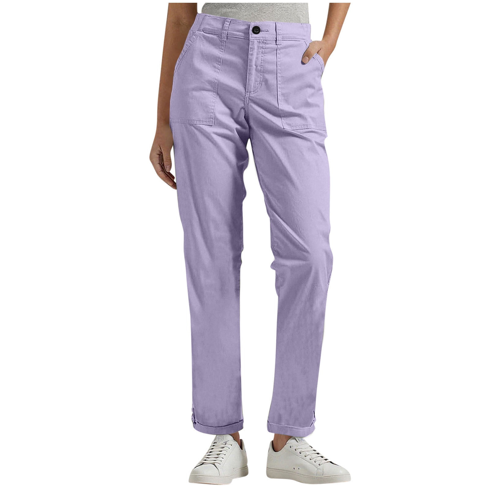 Work Pants Women Dressy Casual Plus Size Wide Leg Cargo Khakis High Waist Straight Twill Chino Slacks Ankle Pants Purple M