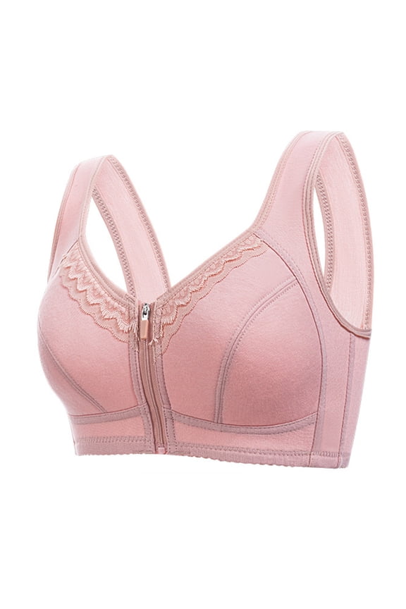 Zipper Front Bras for Women Plus Size No Wire Bra for Senior Convenient Light Shaping Daisy Bras for Older Women Pink 42