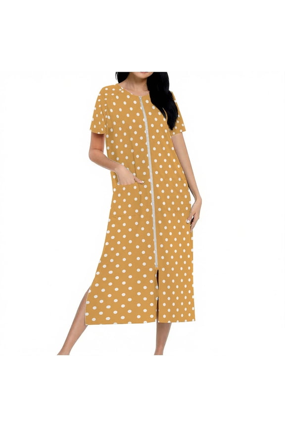Zipper Front Robes for Women Long House Coat Full Length Loose Nightgown with Pockets Short Sleeve Polka Dot Loungewear Yellow S