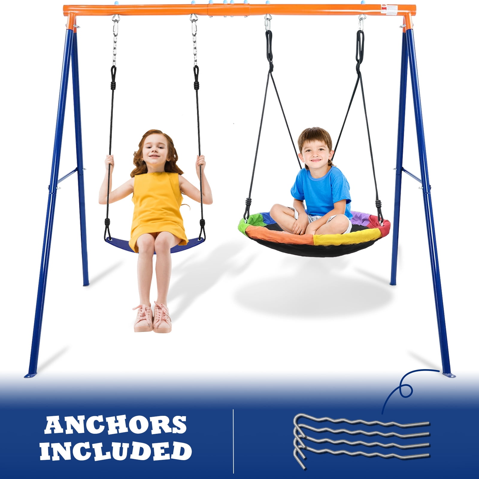SM Kidsport Swing Set, Flying Saucer & Belt Swing, 400LBS Metal Frame for 3-8 Years Old in Outdoor & Backyard