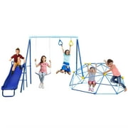 SMkidsport 4 in 1 Metal Swing Sets for Backyard with Slide and Dome Climber,Swing Set with Belt Swing and Trapeze, Playground Sets for Backyards Bearing 440 LBS, Swingset Outdoor for Kids