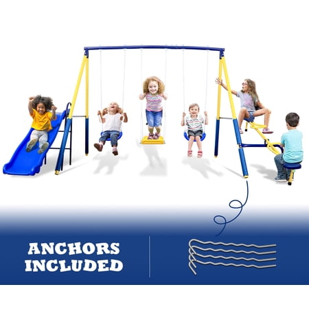SMkidsport All Weather Swing Set with Slide, Seesaw, Two Swing Seats, Standing Swing, 600 lb Capacity